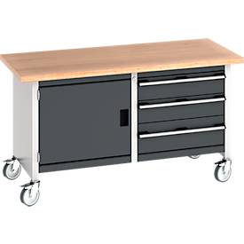 Bott Kastenwerkbank Cubio, 4 Lenkrollen, 3 Schubladen, 1 Tür, 40 mm Buche-Multiplexplatte, B 1500 x T 750 x H 840 mm, anthrazit/lichtgrau
