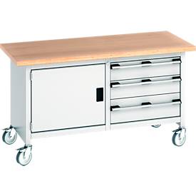 Bott Kastenwerkbank Cubio, 4 Lenkrollen, 3 Schubladen, 1 Tür, 40 mm Buche-Multiplexplatte, B 1500 x T 750 x H 840 mm, lichtgrau/lichtgrau