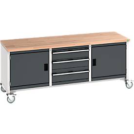 Bott Kastenwerkbank cubio, 4 Lenkrollen, 3 Schubladen, Buche-Massiv, B 2000 x T 750 x H 840 mm, anthrazit/lichtgrau