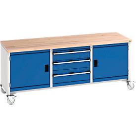 Bott Kastenwerkbank cubio, 4 Lenkrollen, 3 Schubladen, Buche-Massiv, B 2000 x T 750 x H 840 mm, enzianblau/lichtgrau