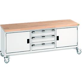 Bott Kastenwerkbank cubio, 4 Lenkrollen, 3 Schubladen, Buche-Massiv, B 2000 x T 750 x H 840 mm, lichtgrau/lichtgrau