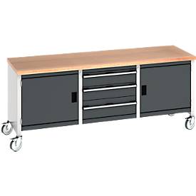 Bott Kastenwerkbank cubio, 4 Lenkrollen, 3 Schubladen, Buche-Multiplexplatte, B 2000 x T 750 x H 840 mm, anthrazit/lichtgrau