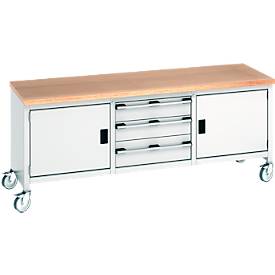 Bott Kastenwerkbank cubio, 4 Lenkrollen, 3 Schubladen, Buche-Multiplexplatte, B 2000 x T 750 x H 840 mm, lichtgrau/lichtgrau