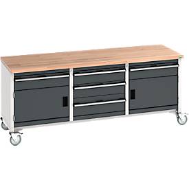 Bott Kastenwerkbank cubio, 5 Schubladen, Buche-Massiv, 4 Lenkrollen, B 2000 x T 750 x H 840 mm, anthrazit/lichtgrau