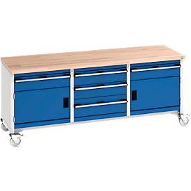 Bott Kastenwerkbank cubio, 5 Schubladen, Buche-Massiv, 4 Lenkrollen, B 2000 x T 750 x H 840 mm, enzianblau/lichtgrau