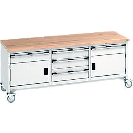 Bott Kastenwerkbank cubio, 5 Schubladen, Buche-Massiv, 4 Lenkrollen, B 2000 x T 750 x H 840 mm, lichtgrau/lichtgrau