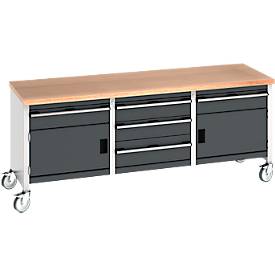 Bott Kastenwerkbank cubio, 5 Schubladen, Buche-Multiplexplatte, 4 Lenkrollen, B 2000 x T 750 x H 840 mm, anthrazit/lichtgrau