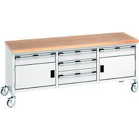 Bott Kastenwerkbank cubio, 5 Schubladen, Buche-Multiplexplatte, 4 Lenkrollen, B 2000 x T 750 x H 840 mm, lichtgrau/lichtgrau