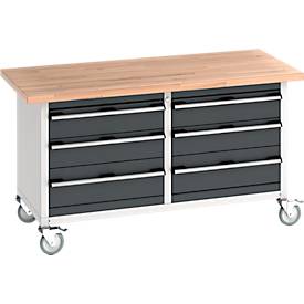 Bott Kastenwerkbank cubio, 6 Schubladen, 4 feststellabre Rollen, Buche-Massiv, B 1500 x T 750 x H 840 mm, anthrazit/lichtgrau