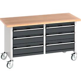 Bott Kastenwerkbank cubio, 6 Schubladen, 4 feststellabre Rollen, Buche-Multiplexplatte, B 1500 x T 750 x H 840 mm, anthrazit/lichtgrau