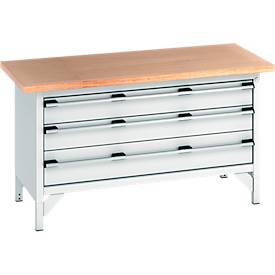 Bott Kastenwerkbank cubio, Buche-Multiplexplatte, B 1500 x T 750 x H 840 mm, Tragkraft 600 kg, 3 Schubladen, lichtgrau RAL 7035