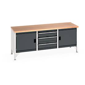 Bott Kastenwerkbank cubio, mit 3 Schubladen, Stahl, Buche-Multiplexplatte, B 2000 x T 750 x H 840 mm, lichtgrau/anthrazit