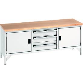 Bott Kastenwerkbank cubio, mit 3 Schubladen, Stahlgestell, Buche-Multiplexplatte, B 2000 x T 750 x H 840 mm, lichtgrau/lichtgrau