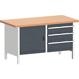 Bott Kastenwerkbank KW-1578-2.3, 3 geschlossene Schubladen, Flügeltür, Rotbuchenholz-Arbeitsplatte, 1500 x 750 x 840 mm, anthrazit/lichtgrau