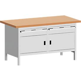Bott Kastenwerkbank, Rotbuchenholz-Arbeitsplatte, Stahlgestell, B 1500 x T 750 x H 840 mm, lichtgrau/lichtgrau