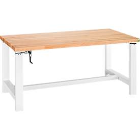 Bott Systemwerkbank cubio, manuell höhenverstellbar per Handkurbel, Buche-Multiplexplatte geölt, B 1500 x T 750 x H 1060 mm, 400 kg, lichtgrau RAL 7035