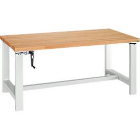 Bott Systemwerkbank cubio W-HK-1577/11-2.1, manuell höhenverstellbar per Handkurbel, Rotbuchenholz, B 1500 x T 750 x H 1120 mm, lichtgrau