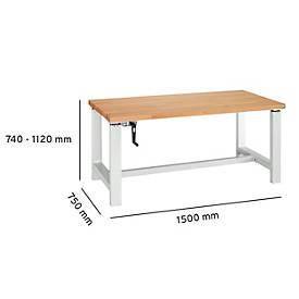 Bott Systemwerkbank cubio W-HK-1577/11-2.1, manuell höhenverstellbar per Handkurbel, Rotbuchenholz, B 1500 x T 750 x H 1120 mm, lichtgrau