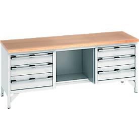 Bott Werkbank, Buche-Multiplexplatte, B 2000 x T 750 x H 840 mm, Tragkraft 600 kg, lichtgrau RAL 7035