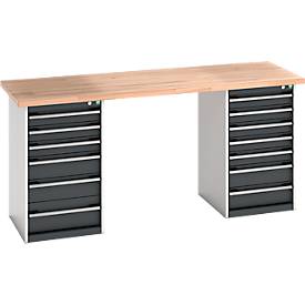 Bott Werkbank, Buchenholz-Arbeitsplatte, Stahlgestell, B 2000 x T 750 x H 940 mm, bis 1200 kg, 13 Schubladen, lichtgrau/anthrazit RAL 7035/7016