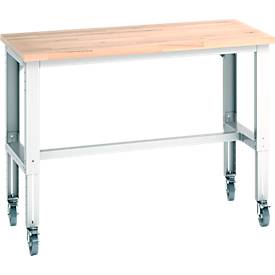 Bott Werkbank Cubio, 4 Lenkrollen, höhenverstellbar, Buche-Massiv, B 1500 x T 750 mm, bis 300 kg, lichtgrau RAL 7035