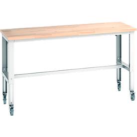 Bott Werkbank Cubio, 4 Lenkrollen, höhenverstellbar, Buche-Massiv, B 2000 x T 750 mm, bis 300 kg, lichtgrau RAL 7035