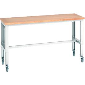Bott Werkbank Cubio, 4 Lenkrollen, höhenverstellbar, Buche-Multiplexplatte, B 2000 x T 750 mm, bis 300 kg, lichtgrau RAL 7035
