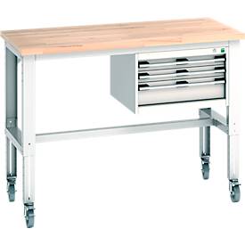 Bott Werkbank cubio, 4 Rollen, mit Hängeschrank, Buche-Massiv, B 1500 x T 750 mm, lichtgrau RAL 7035