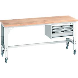 Bott Werkbank cubio, 4 Rollen, mit Hängeschrank, Buche-Massivplatte, B 2000 x T 750 mm, lichtgrau RAL 7035, 300 kg Tragkraft