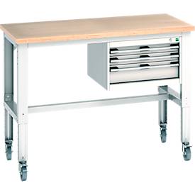 Bott Werkbank cubio, 4 Rollen, mit Hängeschrank, Buche-Multiplexplatte, B 1500 x T 750 mm, lichtgrau RAL 7035