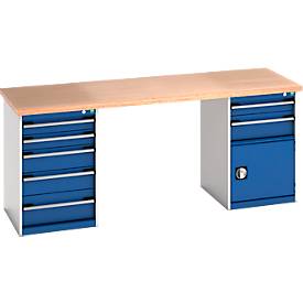 Bott Werkbank Cubio, Buche-Multiplexplatte 40 mm, B 2000 x T 750 x H 940 mm, 1500 kg, 9 Schubladen, 1 Tür, abschließbar, enzianblau/lichtgrau
