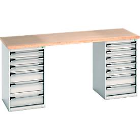 Bott Werkbank Cubio, Buche-Multiplexplatte 40 mm, B 2000 x T 750 x H 940 mm, Stahl, 13 Schubladen, Buche/enzianblau RAL 5010/lichtgrau RAL 7035