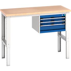 Bott Werkbank cubio, manuell höhenverstellbar 740–1140 mm, Buche-Multiplexplatte, B 1500 mm, Tragkraft 800 kg, Stahlgestell, 3 Schubladen