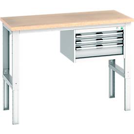 Bott Werkbank cubio, manuell höhenverstellbar, Buche-Multiplexplatte, B 1500 x H 740-1140 mm, bis 800 kg, lichtgrau RAL 7035, 3 Schubladen