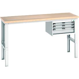 Bott Werkbank cubio, manuell höhenverstellbar, Buche-Multiplexplatte, B 2000 x H 740-1140 mm, bis 600 kg, Stahlgestell, lichtgrau RAL 7035, 3 Schubladen