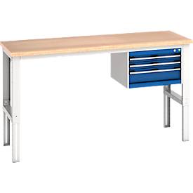 Bott Werkbank cubio, manuell höhenverstellbar, Buche-Multiplexplatte, B 2000 x T 0 x H 740-1140 mm, 600 kg, enzianblau/lichtgrau