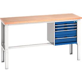 Bott Werkbank cubio, manuell höhenverstellbar, Buche-Multiplexplatte, B 2000 x T 750 x H 740-1140 mm, 600 kg, lichtgrau/enzianblau