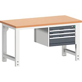 Bott Werkbank cubio, manuell höhenverstellbar, Rotbuche-Arbeitsplatte 40 mm, B 1500 x T 750 x H 740–1140 mm, Tragkraft bis 1200 kg, anthrazitgrau/lichtgrau