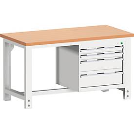Bott Werkbank cubio, manuell höhenverstellbar, Rotbuchenholz, B 1500 x T 750 x H 740–1140 mm, lichtgrau RAL 7035, 1200 kg Tragkraft