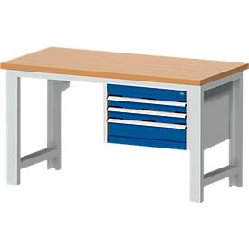 Bott Werkbank cubio, manuell höhenverstellbar, Rotbuchenholz Platte 40 mm, B 1500 x T 750 x H 740–1140 mm, Stahlgestell, 1200 kg, enzianblau/lichtgrau
