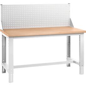 Bott Werkbank cubio, mit Aufsatzrahmen, Buche-Multiplexplatte, B 2000 x T 750 mm, lichtgrau RAL 7035