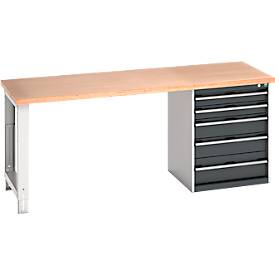 Bott Werkbank cubio, mit Schubladenschrank, Buche-Multiplexplatte, B 2000 x T 750 x H 840 mm, Tragkraft 700 kg, 5 Schubladen, Stahl, anthrazit/lichtgrau RAL 7035