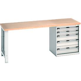 Bott Werkbank cubio, mit Schubladenschrank, Buche-Multiplexplatte, B 2000 x T 750 x H 840 mm, Tragkraft 700 kg, lichtgrau RAL 7035