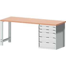 Bott Werkbank cubio, mit Schubladenschrank, Rotbuchenholz, B 2000 x T 750 x H 840 mm, 700 kg, lichtgrau RAL 7035