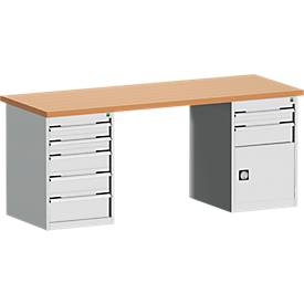 Bott Werkbank Cubio, Rotbuchenholz-Arbeitsplatte 40 mm, Stahlgestell, B 2000 x T 750 x H 840 mm, bis 1200 kg, 7 Schubladen, lichtgrau RAL 7035