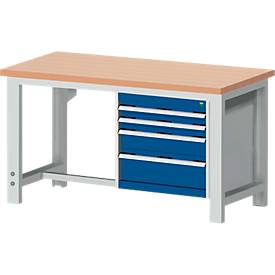 Bott Werkbank cubio, Rotbuchenholz, B 1500 x T 750 x H 740-1140 mm, enzianblau RAL 5010/lichtgrau RAL 7035