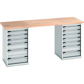 Bott Werkbank, Stahl, B 2000 x T 750 x H 940 mm, Tragkraft 1200 kg, Arbeitsplatte Buchenholz, 13 Schubladen, lichtgrau RAL 7035/Buche
