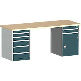 Bott Werkbank, Stahlgestell, Rotbuchenholz-Arbeitsplatte, B 2000 x T 750 x H 840 mm, 7 Schubladen, 1 Tür, anthrazitgrau/lichtgrau/Rotbuche