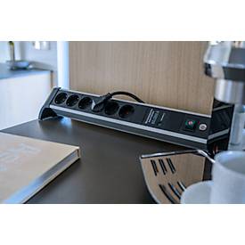 Brennenstuhl Alu-Office-Line 4-fach Steckdosenleiste, 2 USB-Ladebuchsen, Überspannungsschutz bis 60.000 A, 45°-Anordnung, 1,8 m Kabel, L 480 x B 105 x T 105 mm, schwarz/silber