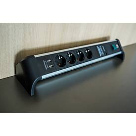 Brennenstuhl Alu-Office-Line 4-fach Steckdosenleiste, 2 USB-Ladebuchsen, Überspannungsschutz bis 60.000 A, 45°-Anordnung, 1,8 m Kabel, L 480 x B 105 x T 105 mm, schwarz/silber